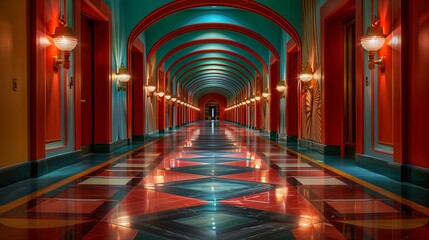 Symmetrical View of an Opulent Art Deco Corridor with Glossy Floor