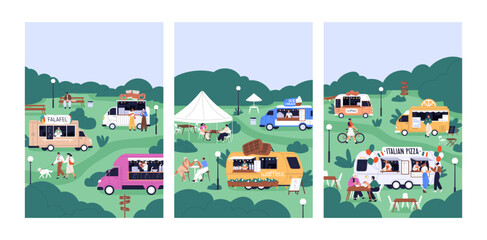 Summer street festival, vertical cards set. Outdoor event with tiny people relaxing at food trucks. Fest market with vans, poster backgrounds. Holiday relaxation in nature. Flat vector illustration