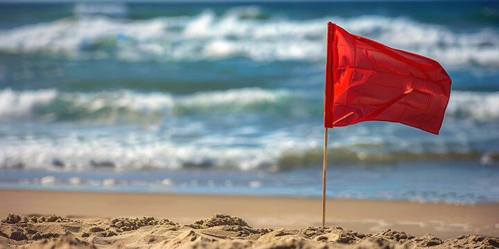 Sign forbidden to swim and go into water concept. Red flag on the beach. A red flag flies in the wind on a windy but sunny summer's day, warning swimmers of dangerous surf conditions