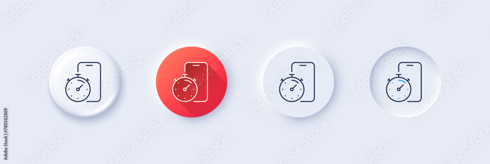 Poster timer app line icon. neumorphic, red gradient, 3d pin buttons. stopwatch time sign. phone countdown 