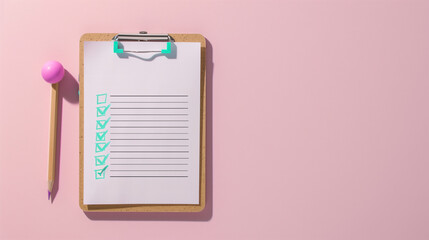 Checklist on Clipboard with Completed Tasks on Pink Background