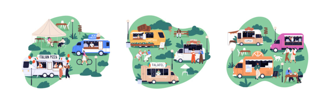 Tiny people relaxing at food trucks on summer street festival. Outdoor park event with mobile cafe vans. Holiday relaxation, weekend rest outside. Flat vector illustration isolated on white background