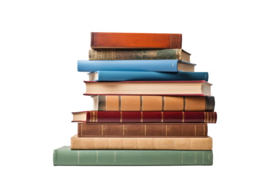 Stack of Books Piled Up. On a White or Clear Surface PNG Transparent Background.