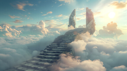 long curved staircase leading up to some beautiful modern style gates surrounded by clouds - obrazy, fototapety, plakaty