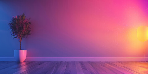 empty room with green plant,pink purple light wooden floor and colorful walls and ceiling background,empty modern living room with sunlight	
