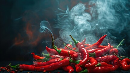 Red hot chili peppers with fire flames on dark rustic background,Red hot chili pepper burns - obrazy, fototapety, plakaty