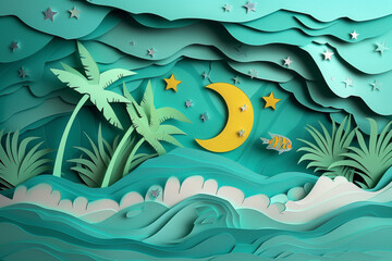 Paper Cuttings art, Ocean coconut trees, waves, fish, coral, starry sky，