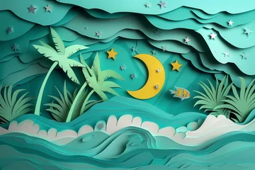 Papier Peint photo Lavable Corail vert Paper Cuttings art, Ocean coconut trees, waves, fish, coral, starry sky，