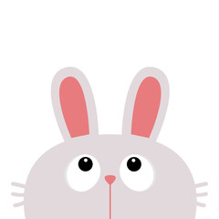 White bunny rabbit head looking up. Big eyes. Funny face. Cute cartoon kawaii baby character. Forest animal collection. Childish style. Flat design. White background. Isolated. Vector