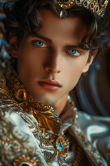 attractive masculine dark hair, blue eyes young man, he is  prince or king  with sensitive gaze, wearing crown, sitting on the throne, fictional character, romantic, fantasy historical book