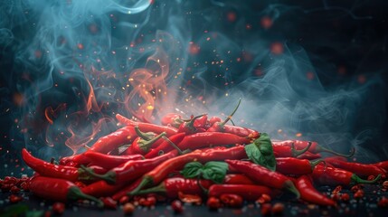A heap of fiery red chili peppers with rising smoke against a dark backdrop, Flying red hot chilli peppers with flames, isolated on black background
 - obrazy, fototapety, plakaty