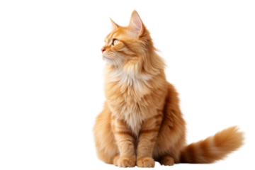 Beautiful white cat sitting isolated on white background, Maine Coon kitten with fluffy fur, cute and adorable portrait