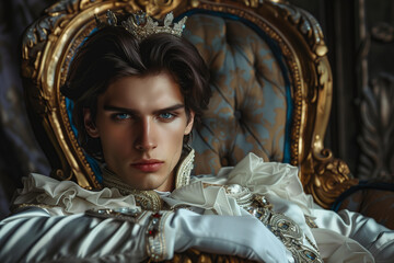 attractive masculine dark hair, blue eyes young man, he is  prince or king  with sensitive gaze, wearing crown, sitting on the throne, fictional character, romantic, fantasy historical book