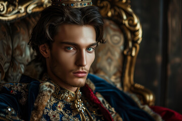 attractive masculine dark hair, blue eyes young man, he is  prince or king  with sensitive gaze, wearing crown, sitting on the throne, fictional character, romantic, fantasy historical book