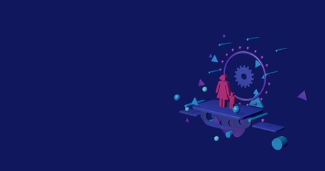 Pink woman with child symbol on a pedestal of abstract geometric shapes floating in the air. Abstract concept art with flying shapes on the right. 3d illustration on indigo background