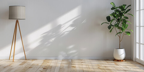 empty room with green plant,  wooden floor and grey walls and ceiling background,empty modern living room with sunlight