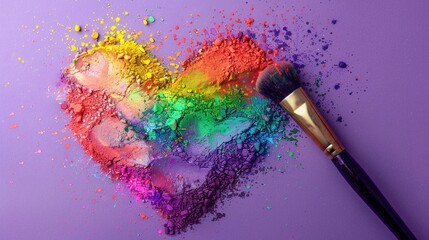 A colorful heart made of rainbow-colored makeup powder with a cosmetic brush on a purple surface. - obrazy, fototapety, plakaty