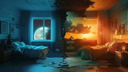 A conceptual illustration of a bedroom split into day and night themes