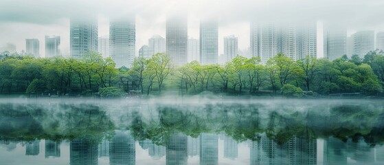 A conceptual image of a foggy cityscape reflection on water with a foreground of vibrant green trees.