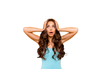 Close up photo amazing beautiful her she lady unbelievable look up empty space oh no expression hold head arms hands wearing blue teal green everyday short dress clothes isolated yellow background
