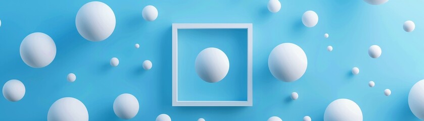 A minimalist abstract concept featuring white spheres of various sizes floating around a central frame on a blue background.