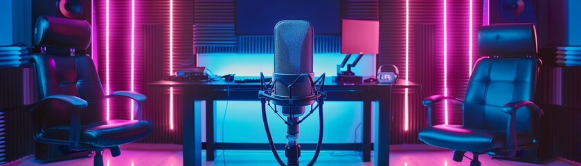 A modern podcast recording studio setup with stylish blue chairs and a central microphone under vibrant neon lights. - obrazy, fototapety, plakaty
