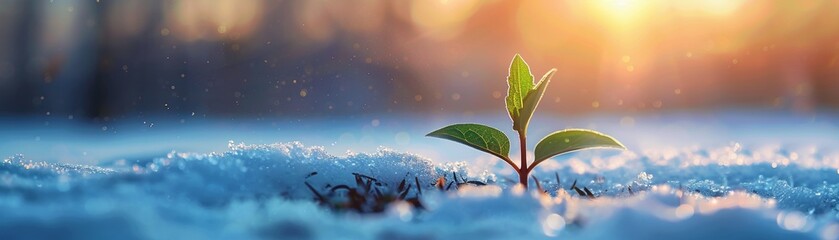 A resilient young plant sprouting through a snowy landscape at sunrise