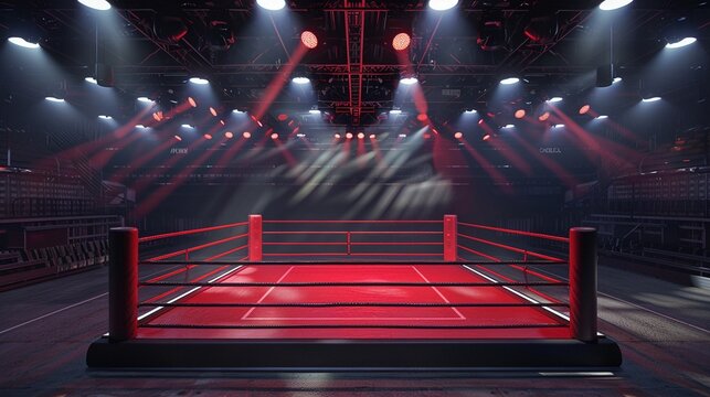 A red boxing ring bathed in spotlights awaits contenders in an atmospheric sports venue.