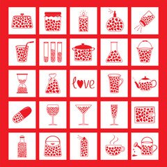 Objects with red hearts inside. Happy Valentines Day square icon set. Love greeting card. Candle Glass Pill Perfume Tea cup Bag Salt shaker Tea Coffee cup Hourglass. Flat design. Red background Vector