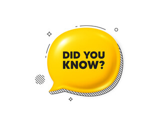 Did you know tag. Comic speech bubble 3d icon. Special offer question sign. Interesting facts symbol. Did you know chat offer. Speech bubble comic banner. Discount balloon. Vector