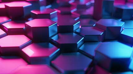 Abstract background with glowing neon hexagonal shapes in blue and pink hues.