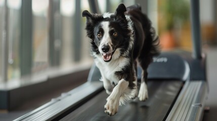Active Border Collie dog running on a treadmill in a modern gym environment.