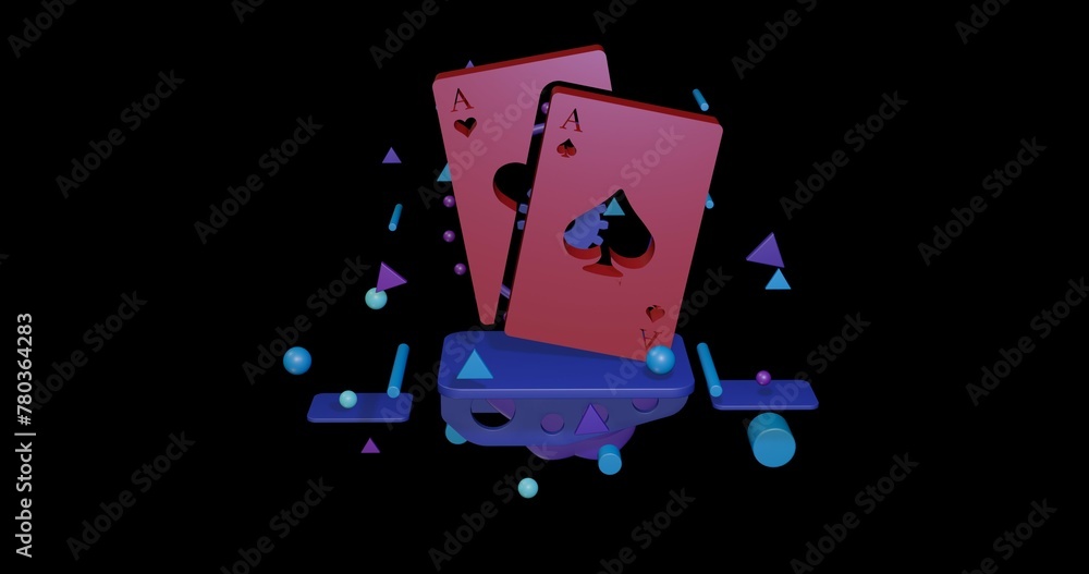 Poster red two aces symbol on a pedestal of abstract geometric shapes floating in the air. abstract concept