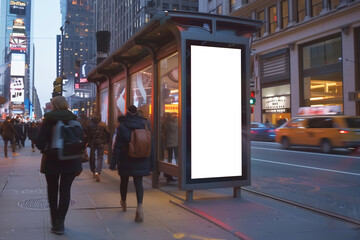 City bus stop with blank advertisement board at twilight.