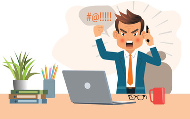 Angry business man in blue suit get mad on the smartphone at workspace in office. vector