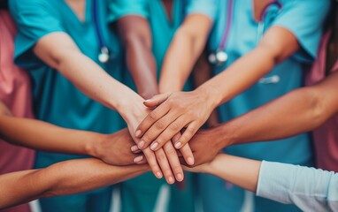 Hands of medical professionals in scrubs and stethoscopes come together to form a unity sign.