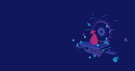 Pink pear symbol on a pedestal of abstract geometric shapes floating in the air. Abstract concept art with flying shapes on the right. 3d illustration on indigo background