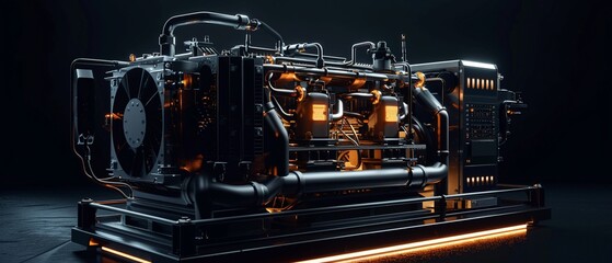 Highly detailed industrial generator equipment showcased on a sleek black background - obrazy, fototapety, plakaty