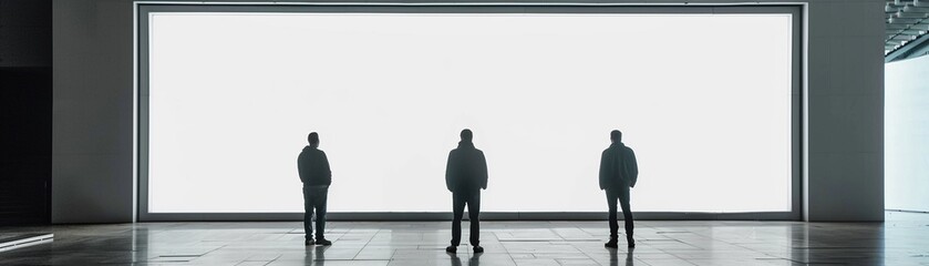 Fototapeta premium Three individuals stand observing a large blank billboard inside a spacious room