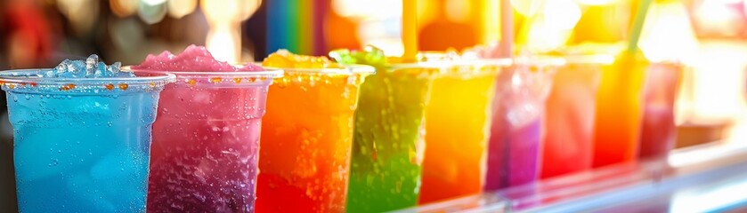 Vibrant slushie machine dispensing colorful frozen drinks on a counter during a warm