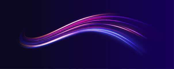 Long exposure of motorways as speed. Neon spiral lines in yellow blue and purple colors. Image of speed motion on the road.	