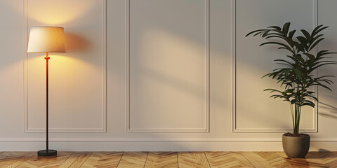 empty room with green plant,  wooden floor and grey walls and ceiling background,empty modern living room with sunlight