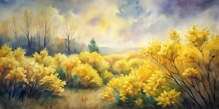 Beautiful Forsythias Landscape painted with watercolor, Forsythias Watercolor, Spring Watercolor flowers, Spring Background