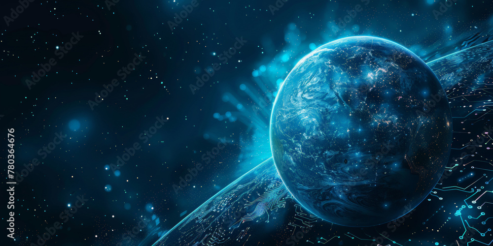 Poster a blue gradient background with a digital globe earth and circuit board elements, representing globa