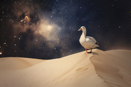 a white duck standing on top of a Sand dune with galaxies in the sky, and the background a feeling of awe,