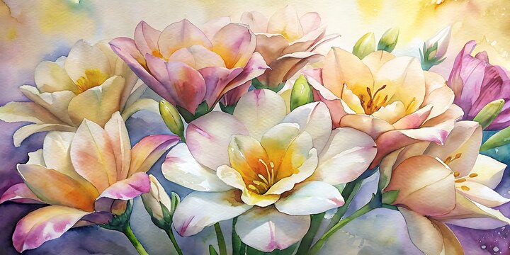 Beautiful Freesias painted with watercolor, Freesias Watercolor, Spring Watercolor flowers, Spring Background
