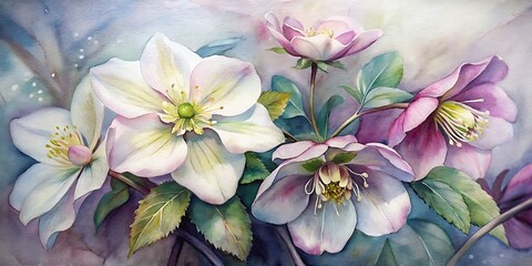 Beautiful Hellebores painted with watercolor, Hellebores Watercolor, Spring Watercolor flowers, Spring Background - obrazy, fototapety, plakaty
