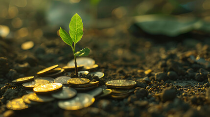 A seedling grows on a coin lying on the ground. Green investment concept, Increasing money to invest. AI generated