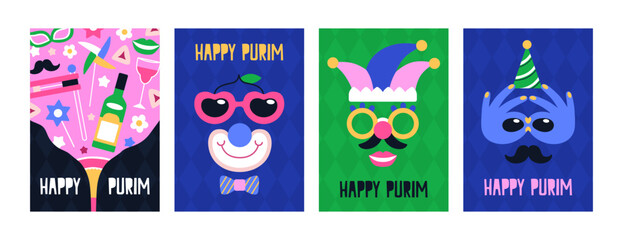 Happy Purim carnival posters set. Jewish carnaval, festive party, masquerade, greeting card, vertical postcard designs with holiday masks, funny glasses, mustache and wine. Flat vector illustration