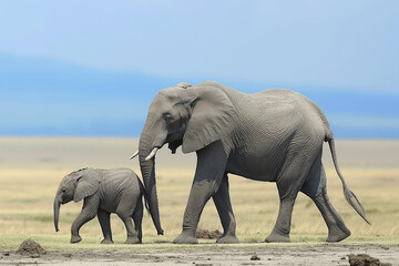 Fototapeta na wymiar Mother elephant walking with her baby elephant in the savannah
